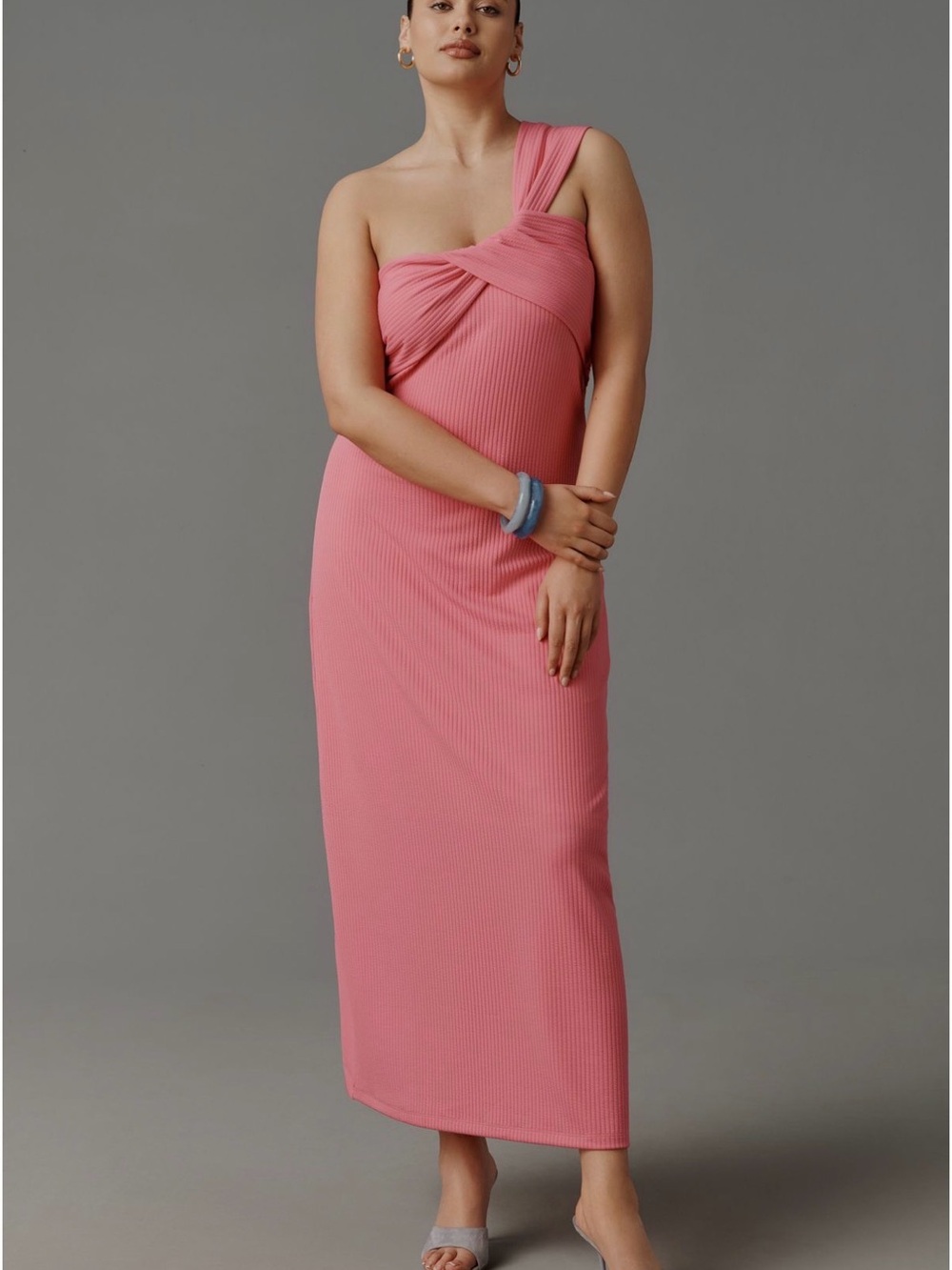 Anthropologie One-Shoulder Hot Pink Ribbed Midi Dress - Picture 5 of 9